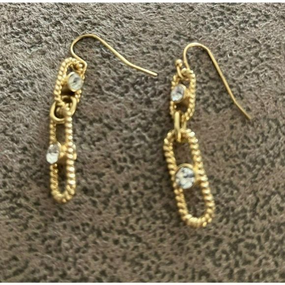 Shiny Gold Tone Sparkling Clear Rhinestone Dangle Double Sided Earrings - Picture 3 of 3